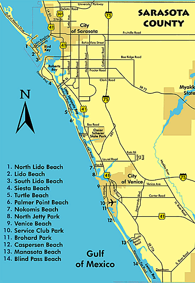 The 14 beaches near Sarasota, Florida. Sarasota Beaches Map